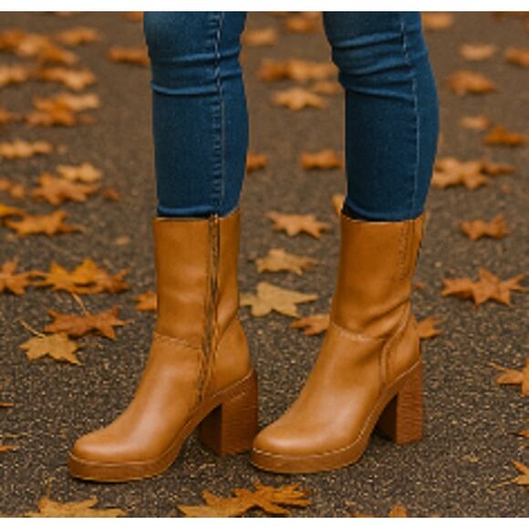 Steve Madden SZ 9.5 Fantsie Womens Leather Square Toe Mid-Calf Boots Camel - Picture 1 of 9